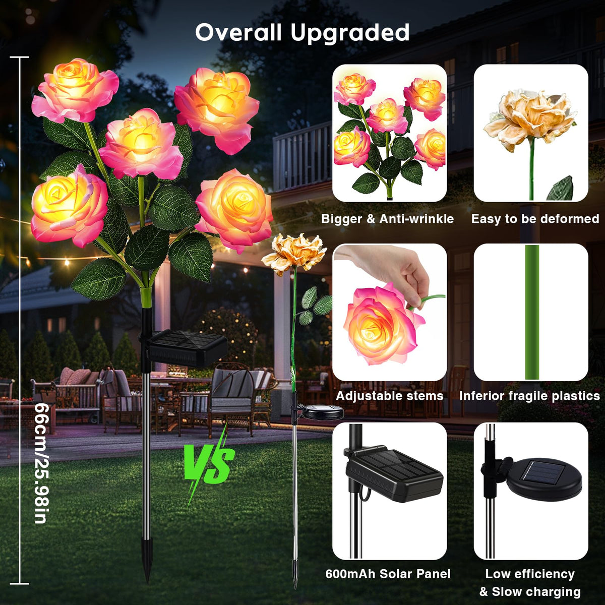 Bomier rose garden lighting accents emphasize fairy-tale charm and curb appeal.