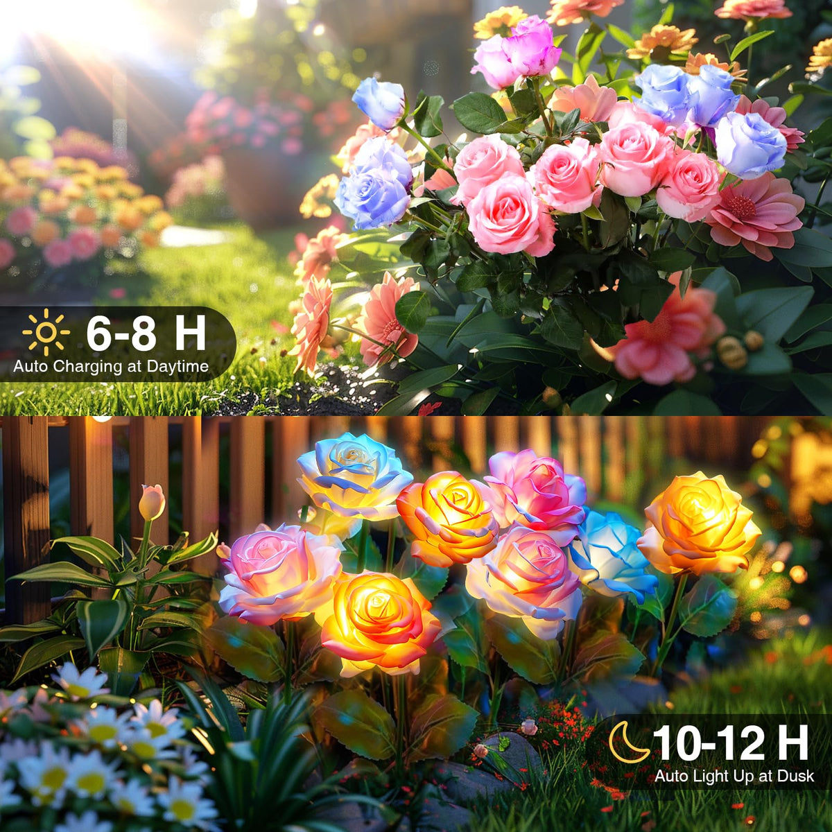 BOMIER solar flowers color-changing lights brighten walkways outside.