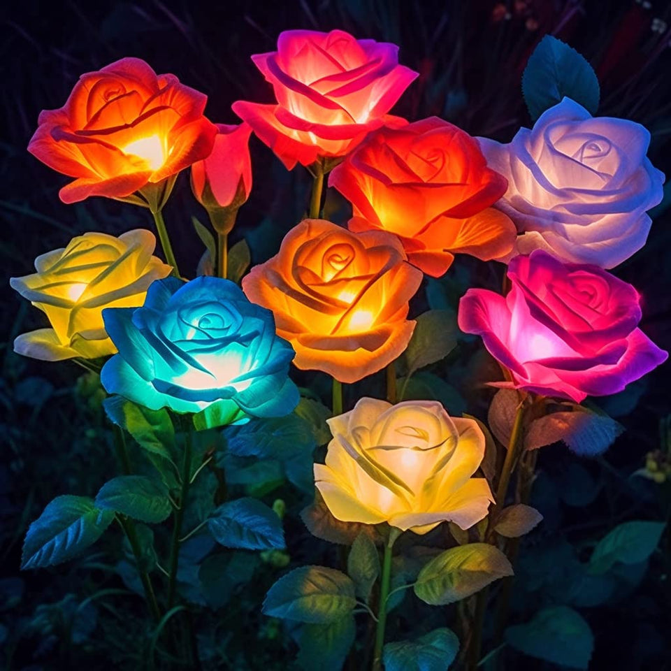 Bomier Solar Flowers Lights 4-pack with rose clusters illuminate your garden beautifully at night.