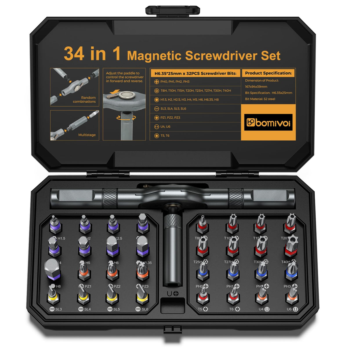 Bomivoi 34-in-1 screwdriver set with ergonomic handle and compact case for portability