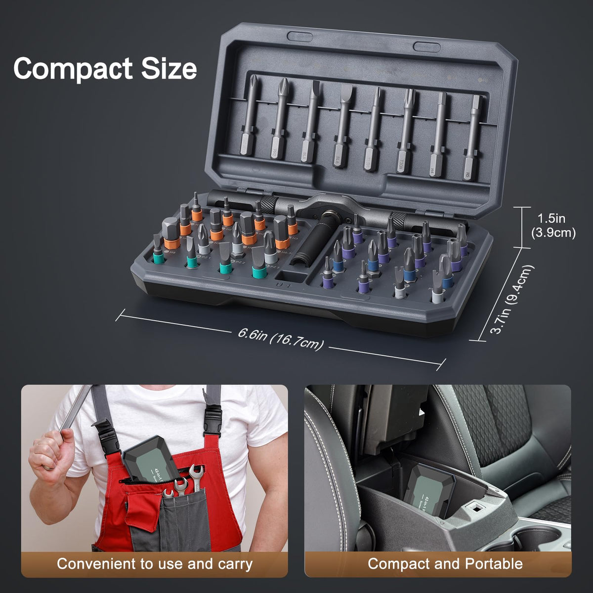 Bomivoi compact case with dimensions for easy transport and storage.
