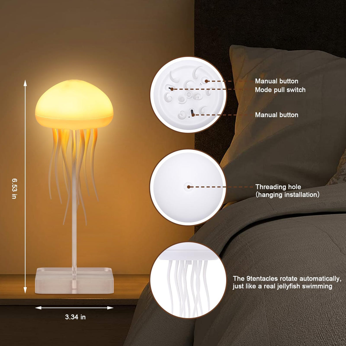 BomKra Jellyfish Lamp Rechargeable battery for cordless use.
