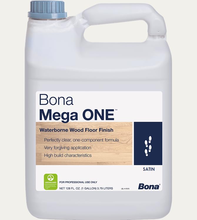 Bona Mega ONE Floor Finish Satin bottle ready for quick, crystal-clear protection on wood floors.