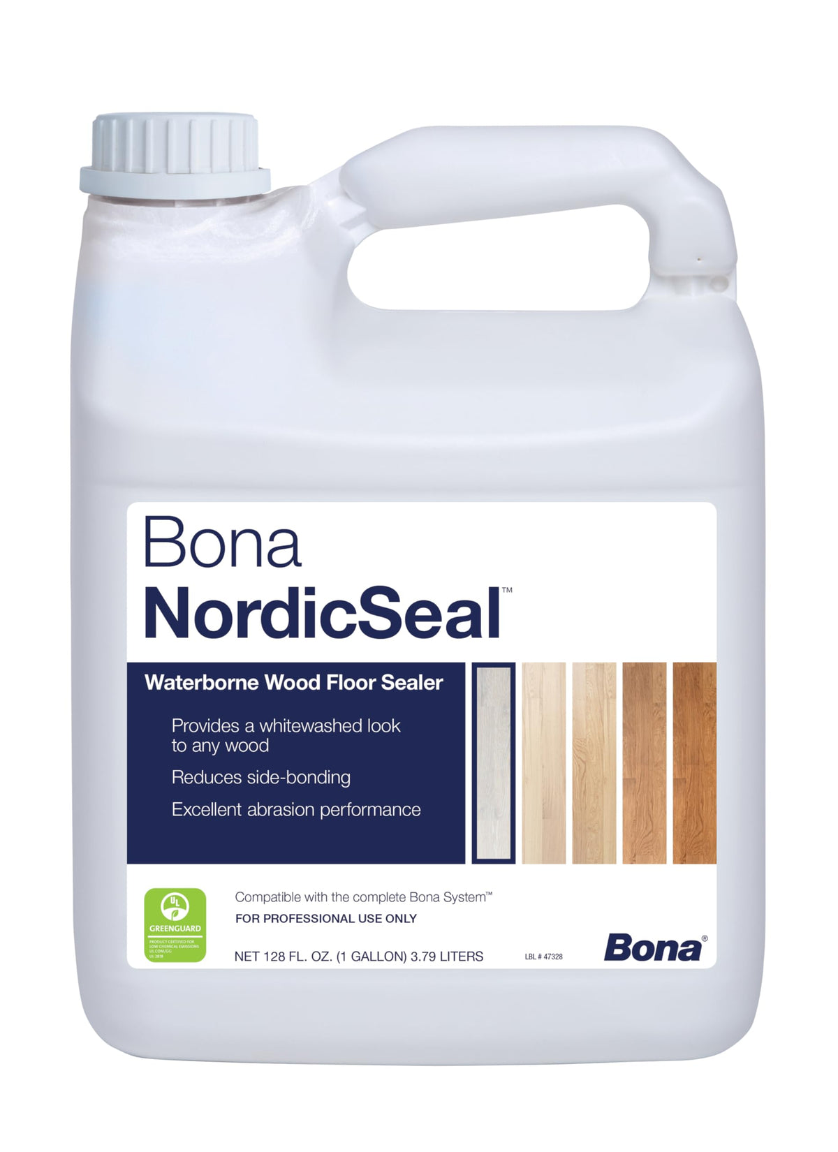 Bona NordicSeal 128 Oz bottle showing whitewashed wood look with fast dry performance