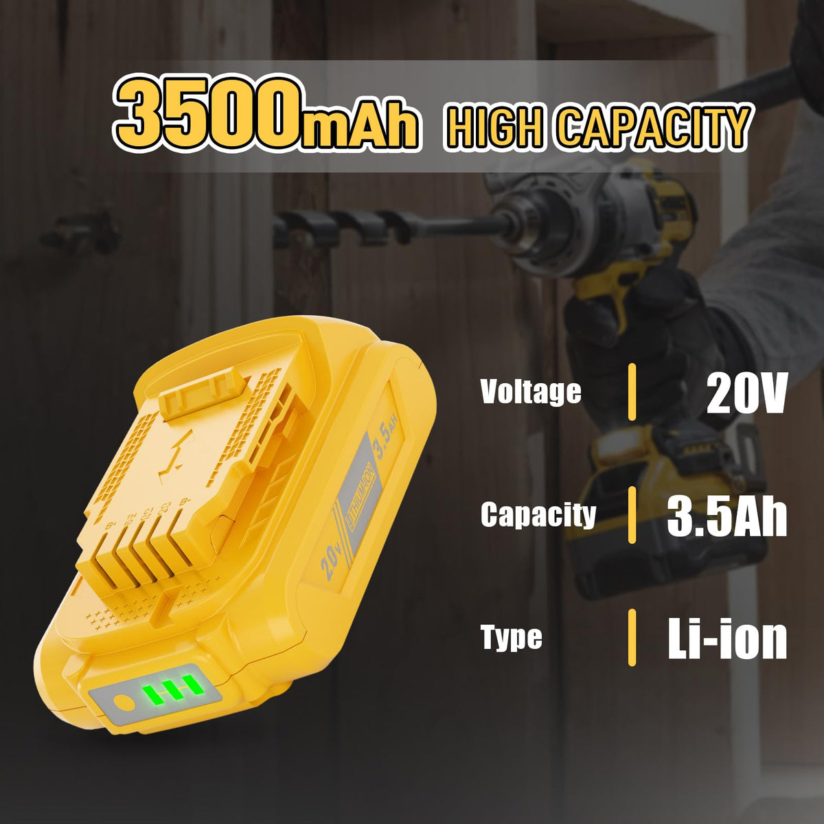 Bonacell 3.5Ah DeWalt 20V battery with LED indicators showing remaining charge