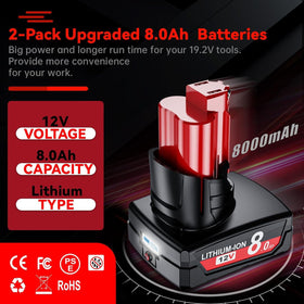 Bonacell 12V M12 battery image showing compatibility with Milwaukee 48-11-2411 charger
