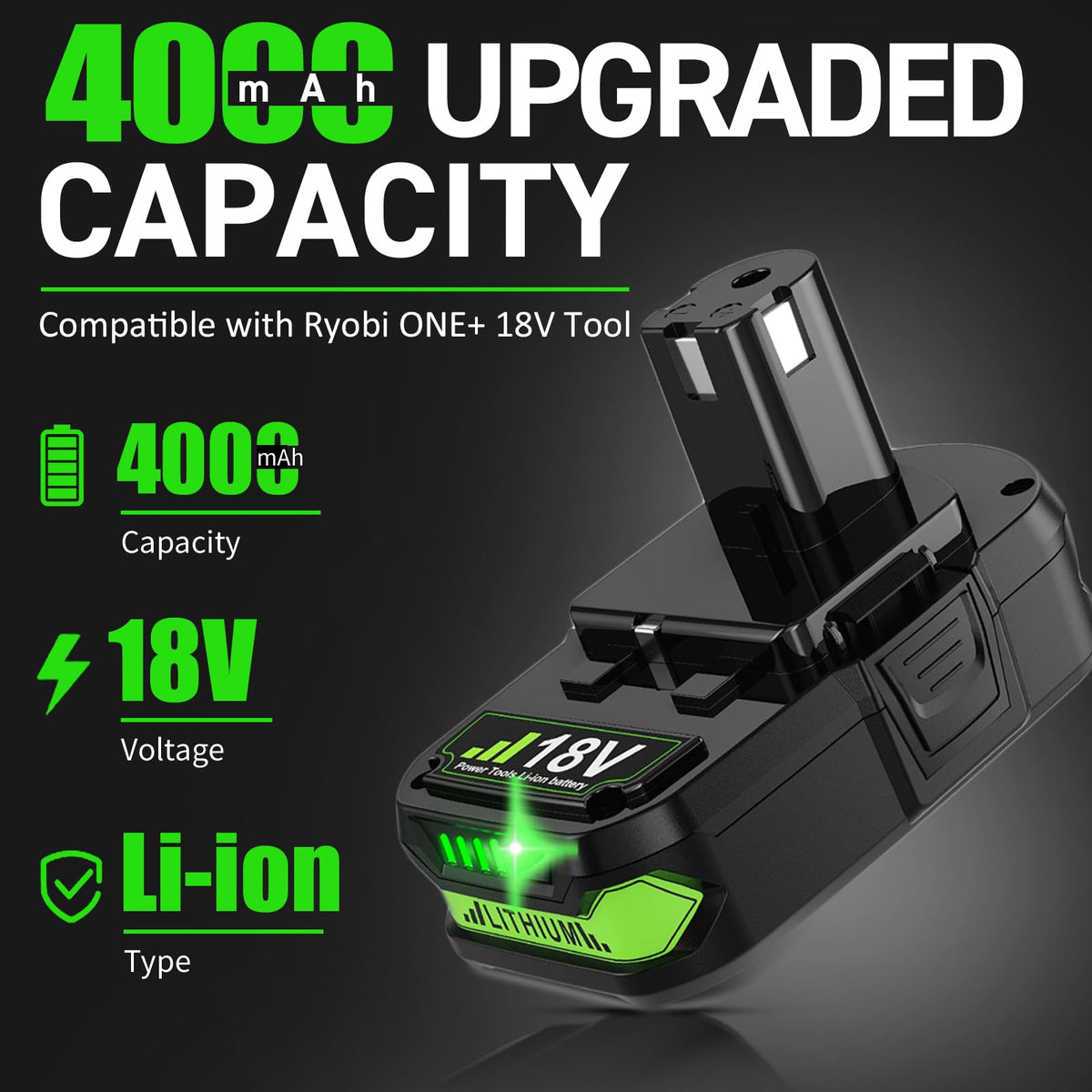 Bonadget 18V Ryobi battery with LED indicators showing charge status.