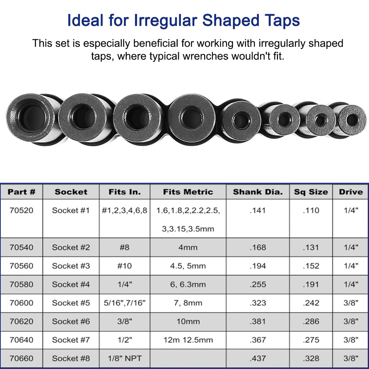 Bonbo 70500 complete 8-piece set covers fractional, metric, and NPT taps.