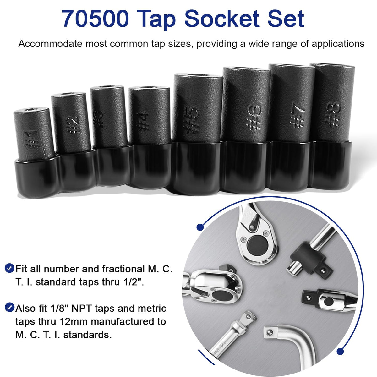 Bonbo 70500 tap socket set with 3/8 drive for secure torque transfer.