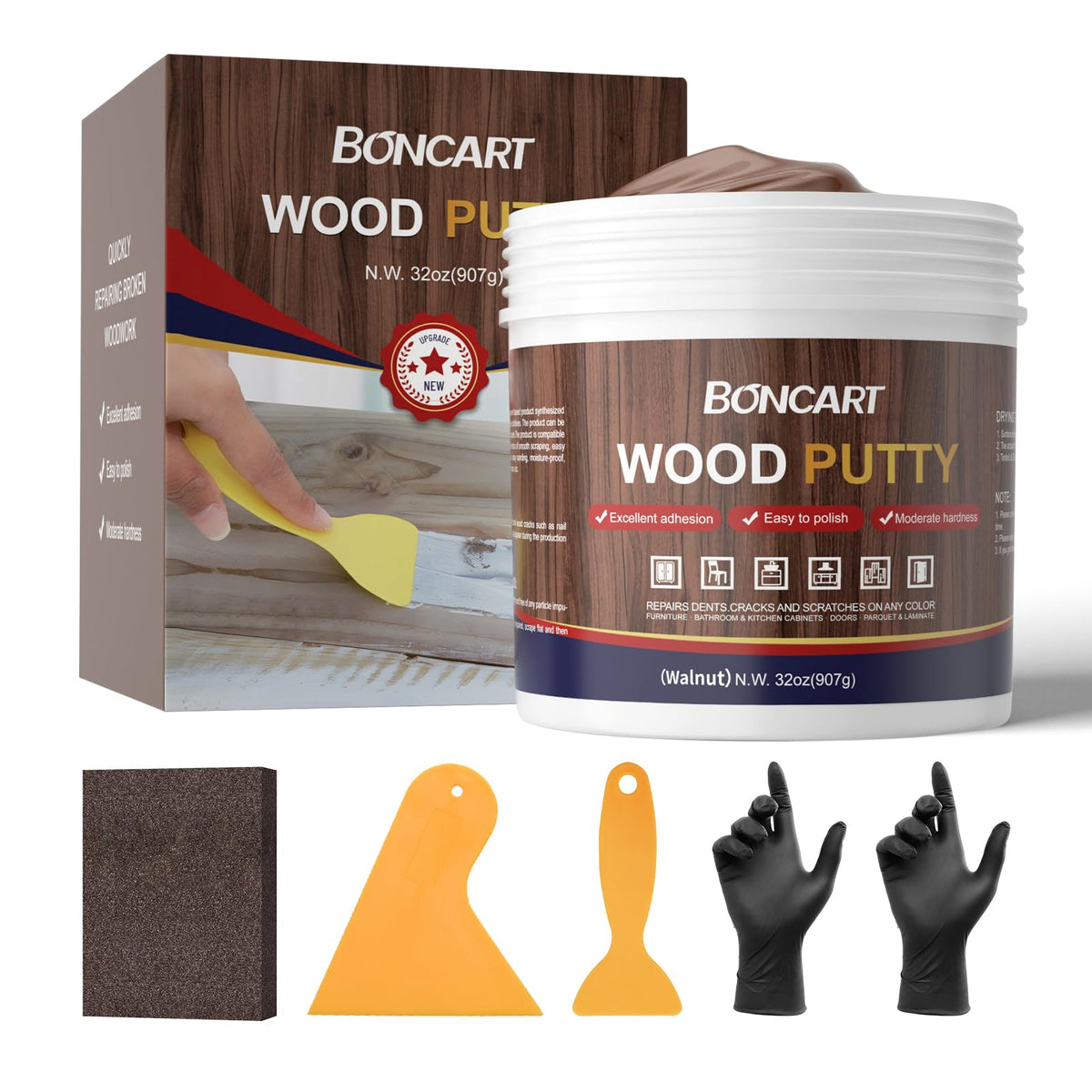 Boncart 32oz walnut wood putty packaging ready for home repairs