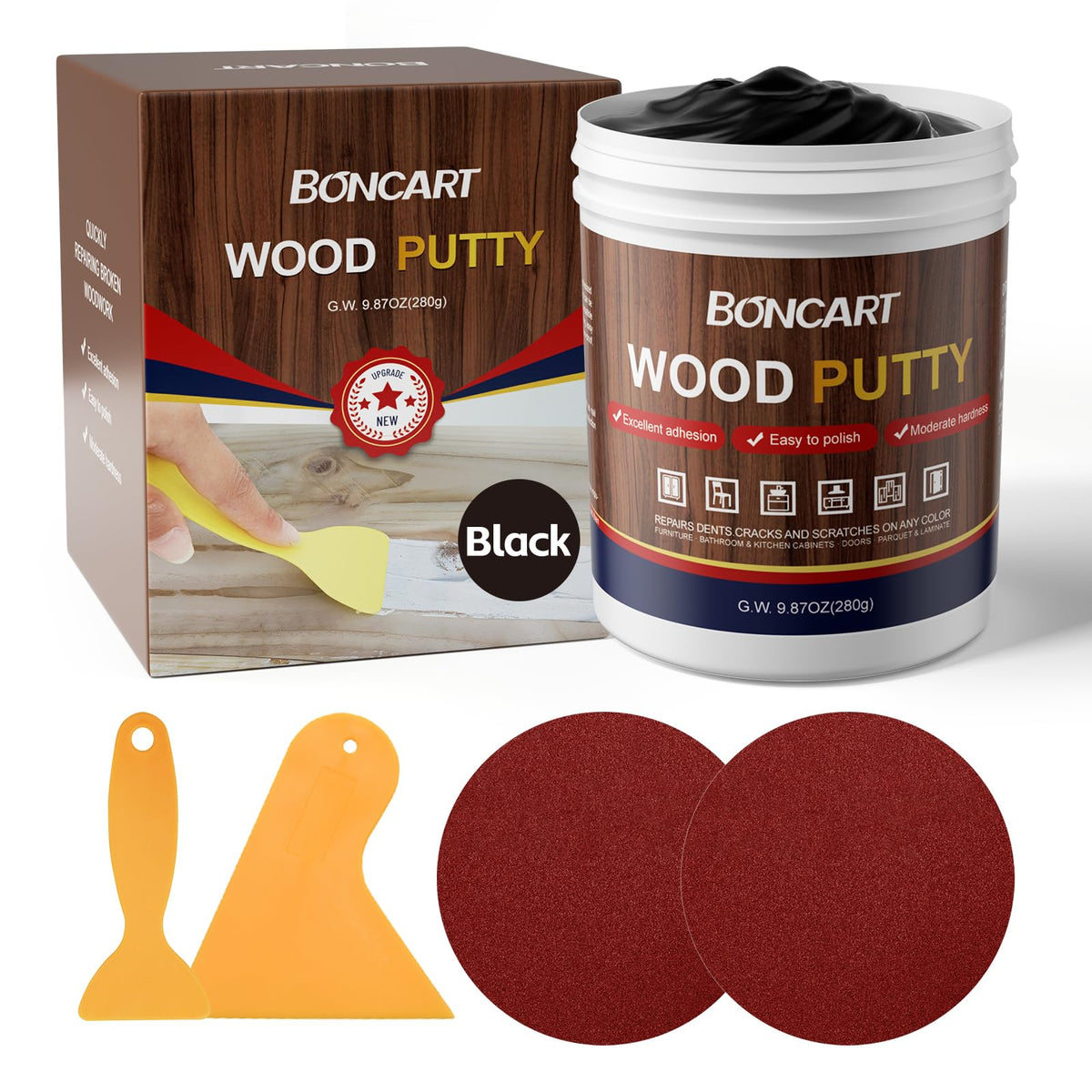 Boncart black wood filler 280g tub for durable furniture repairs.