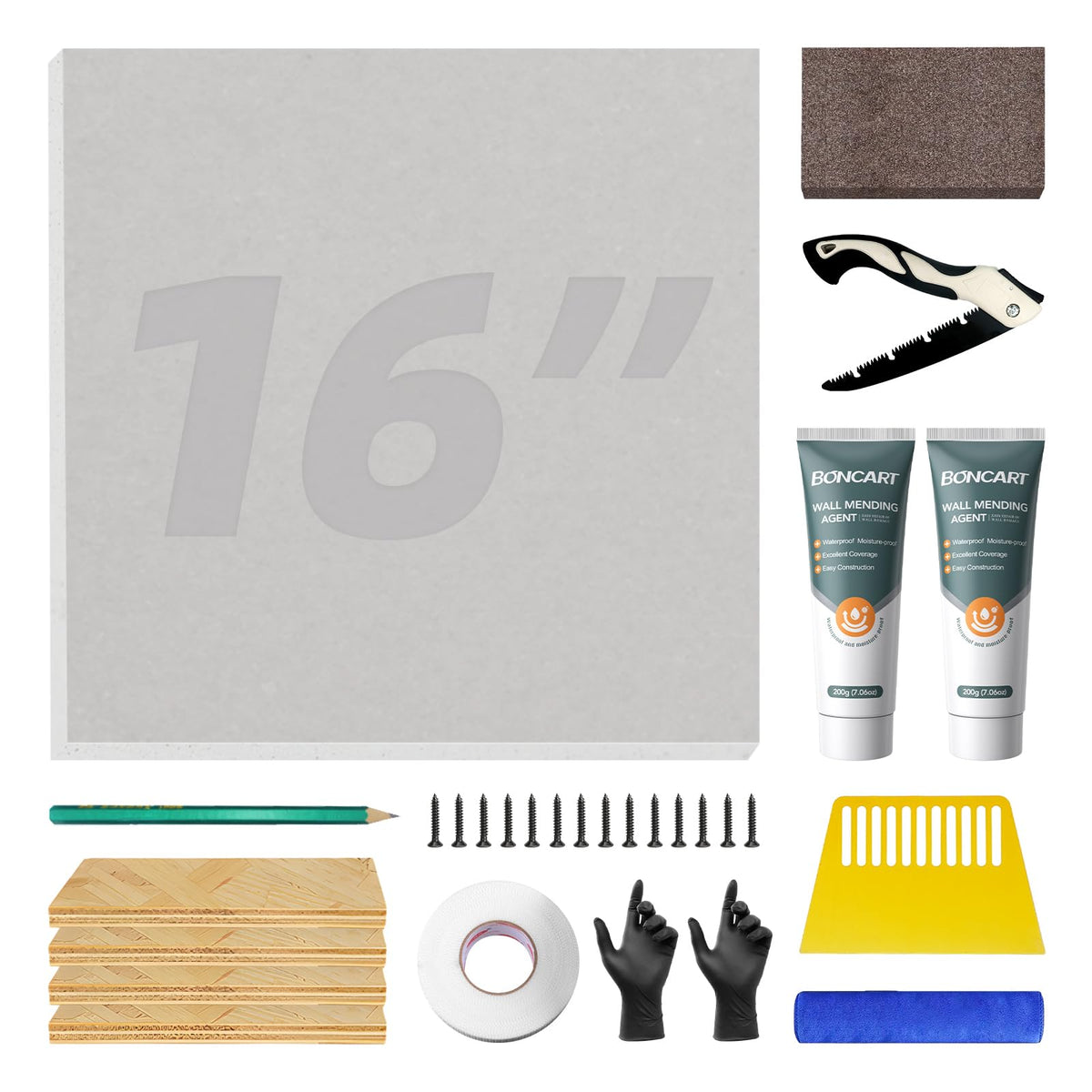 Boncart drywall repair kit contents shown for fast, easy at-home repairs.
