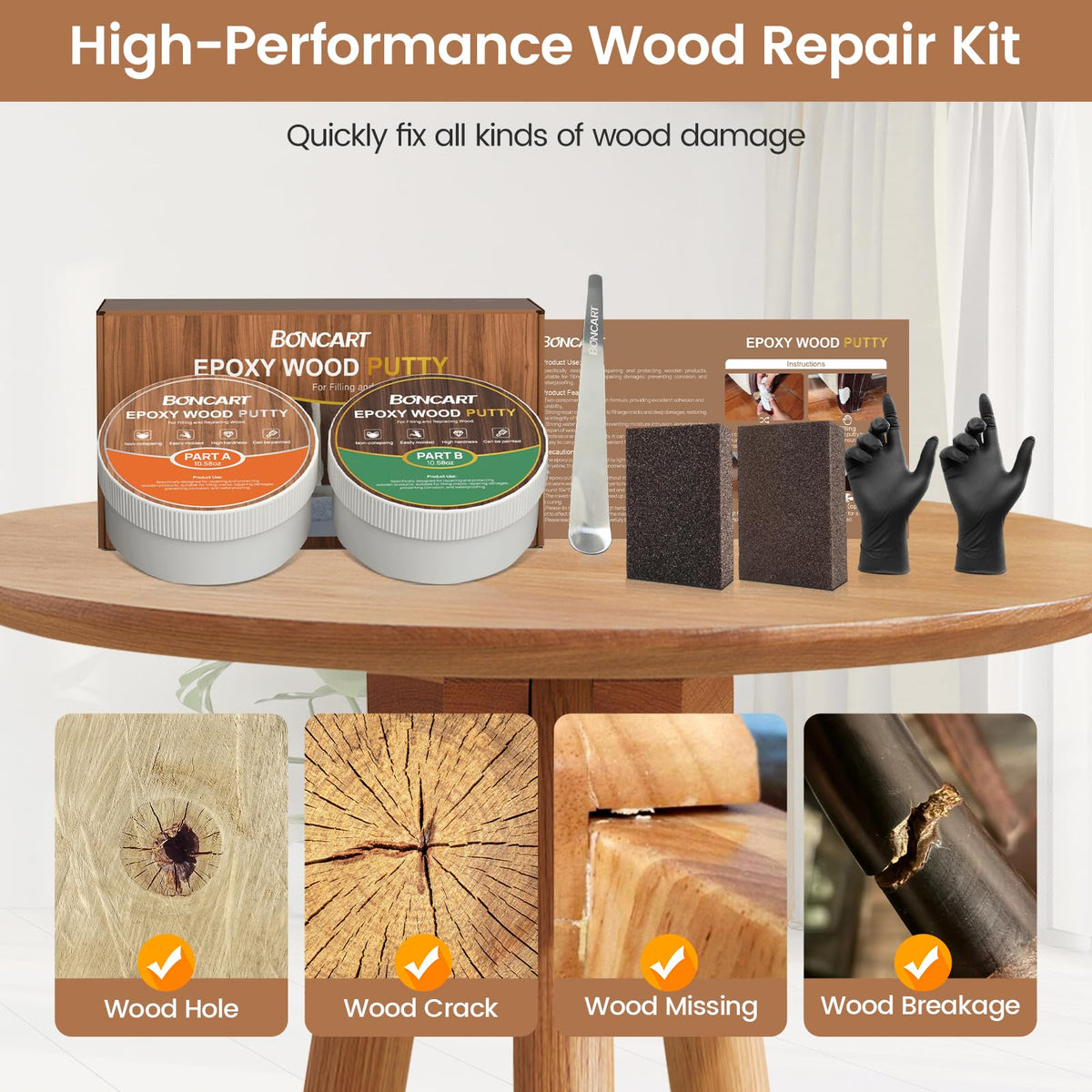 Boncart epoxy wood putty cures in 24 hours for ready-to-use results.