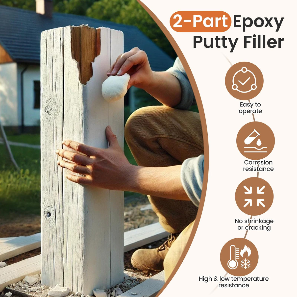 Boncart epoxy wood putty applied to a door sill for crack repair.