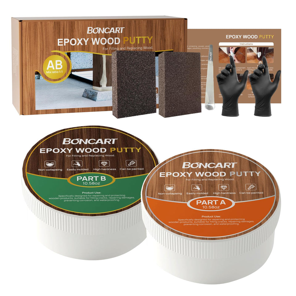 Boncart epoxy wood putty packaging shows the 2-part components for easy mixing.