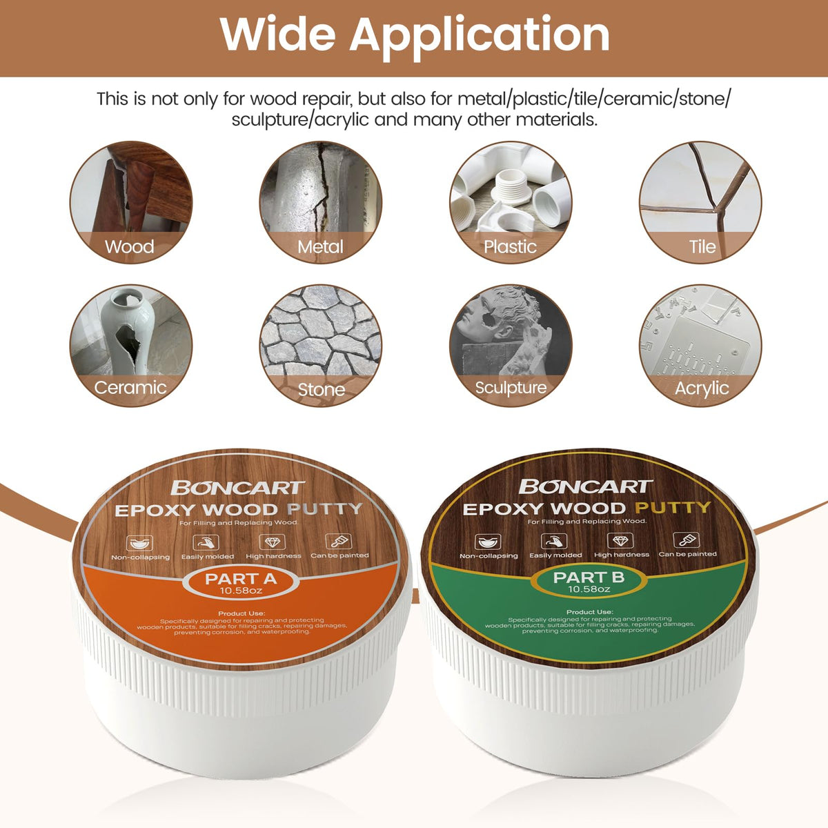 Boncart epoxy wood putty accepts stain for seamless color matching.
