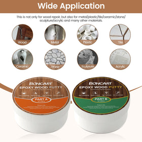 Boncart epoxy wood putty accepts stain for seamless color matching.