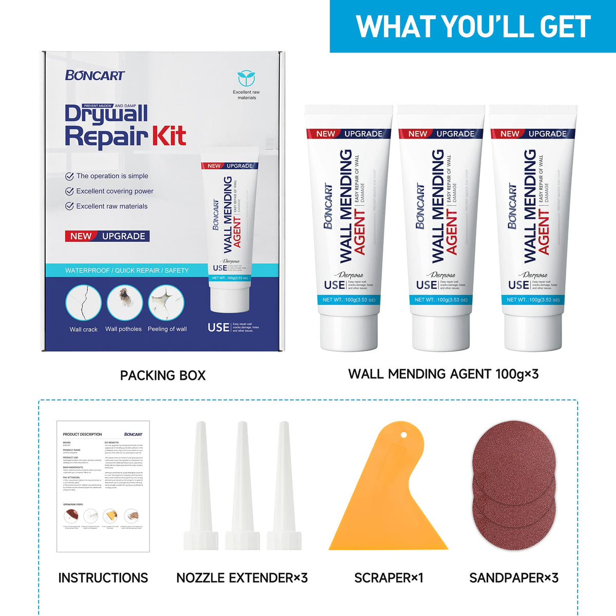 Boncart quick-dry wall repair kit supports versatile fixes.