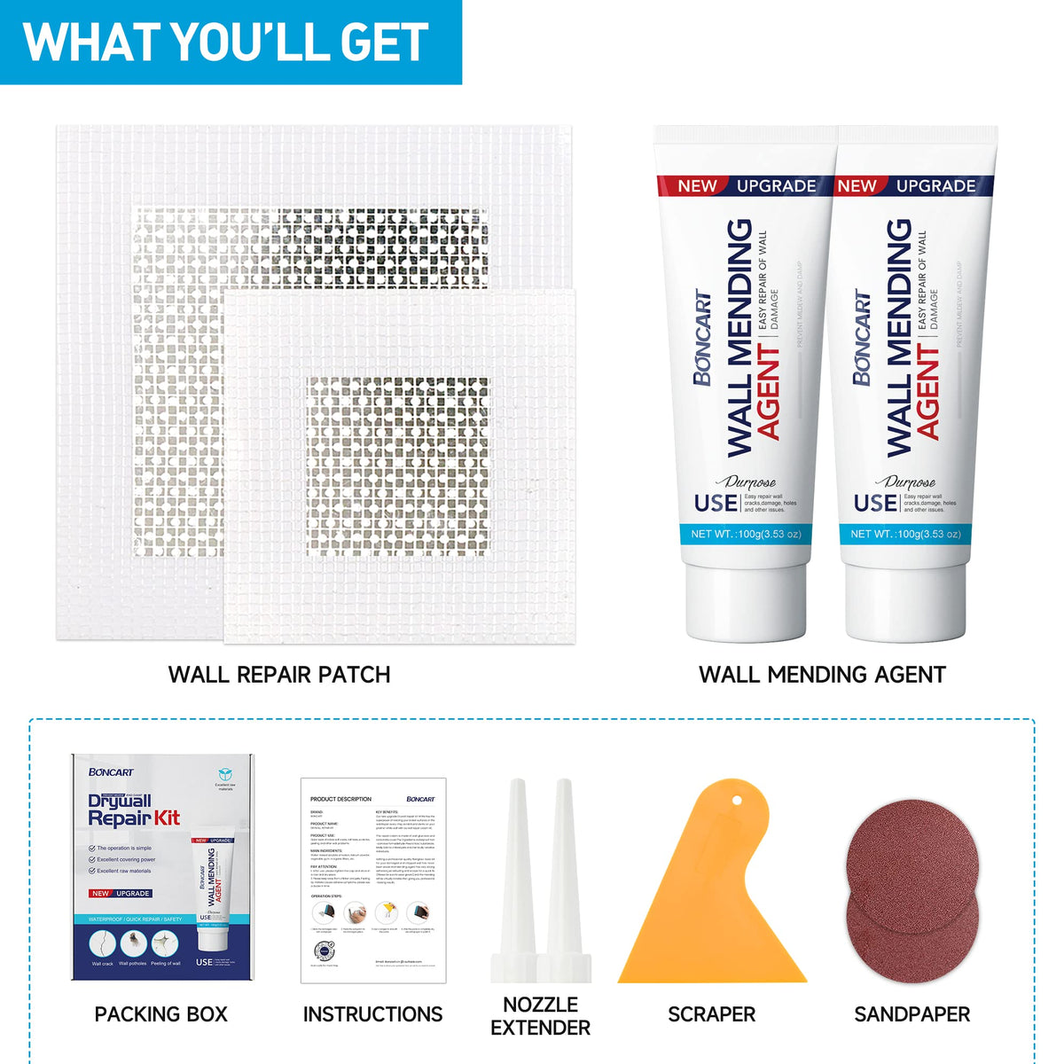Boncart wall-mending-agent 100g for smooth, nearly invisible repairs.