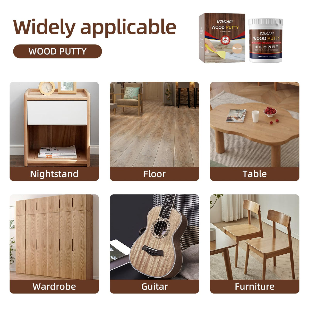 Boncart wood filler repairing cabinets and tables for durable results.