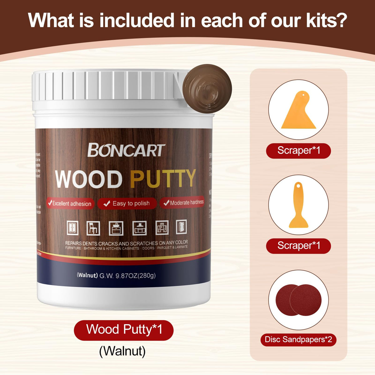 Boncart wood furniture repair across cabinets, tables, and floors