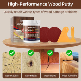 Boncart wood putty being applied to damaged furniture to fill holes