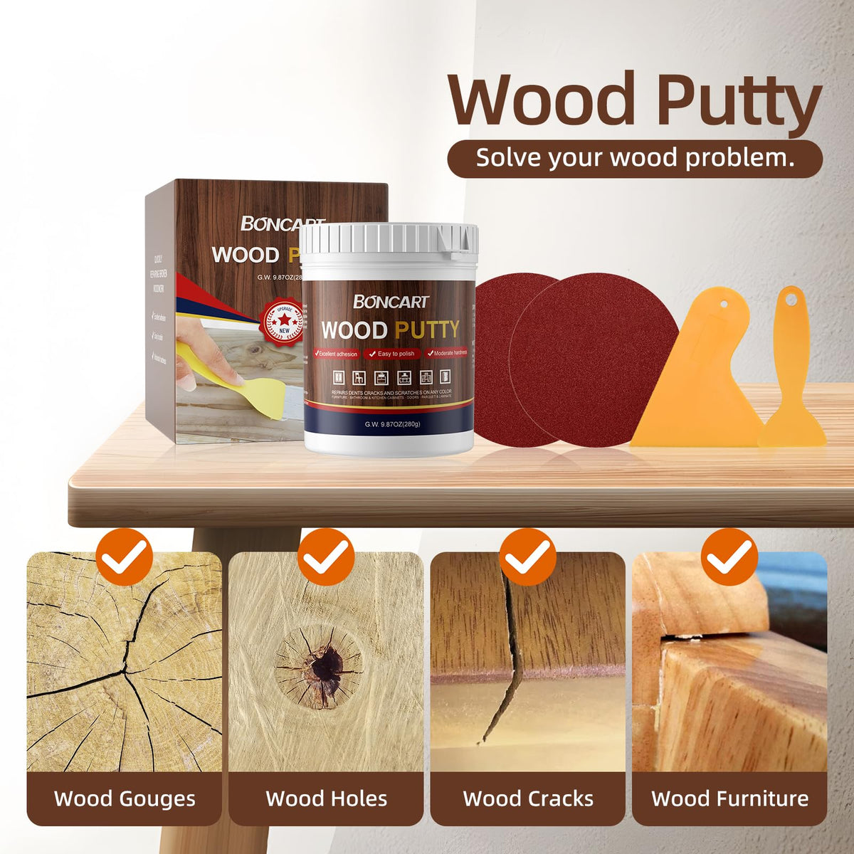 Boncart wood putty tub suitable for paintable finishes on wood.