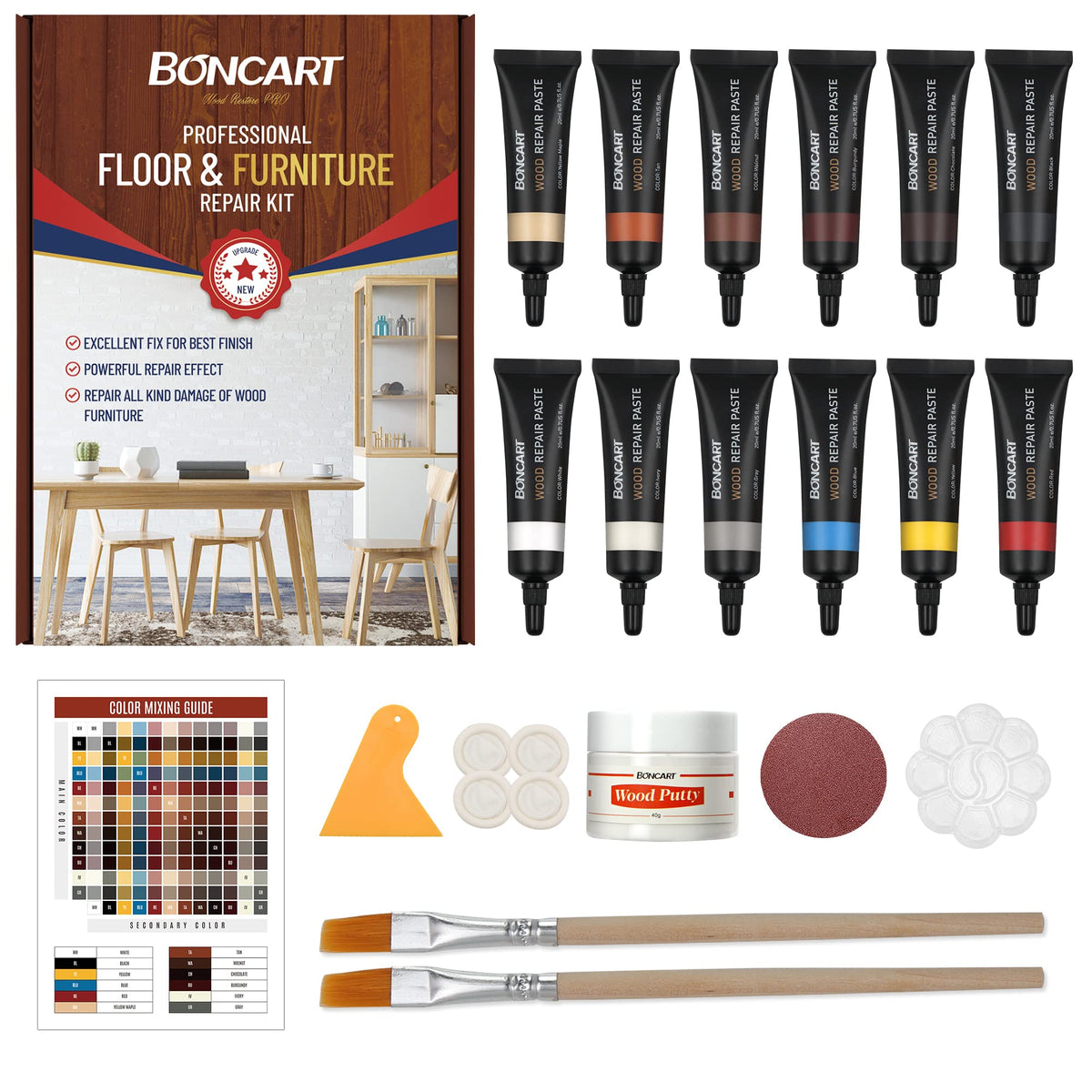 Boncart Wood Repair Kit 12-color paste for precise color matching on furniture.