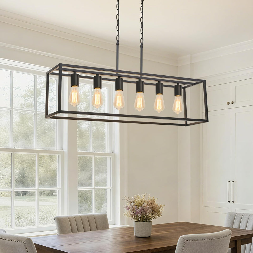 Boncoo 6-light black chandelier over dining table for modern farmhouse ambiance.