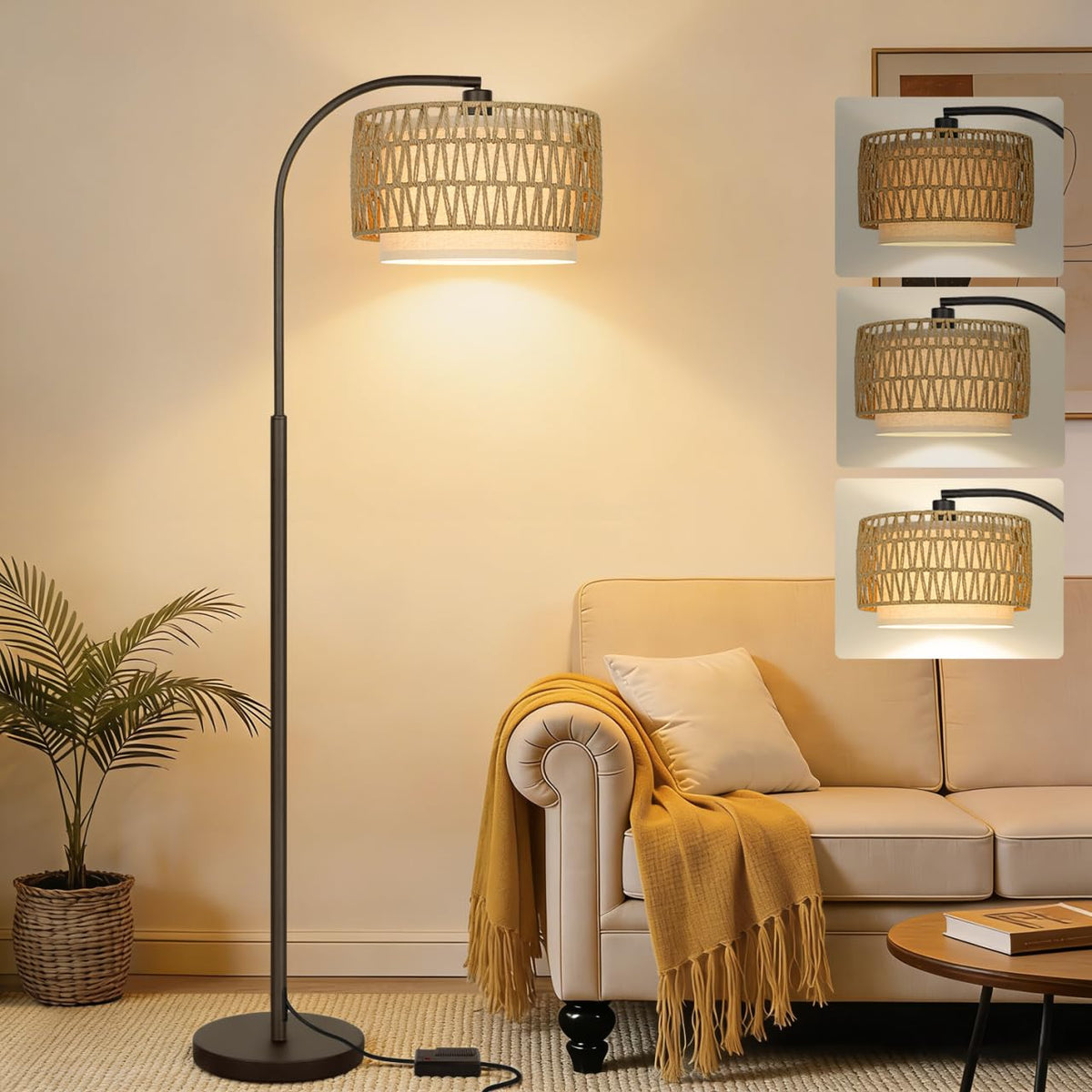 Boncoo rattan floor lamp arc design with warm linen shade for cozy living rooms.