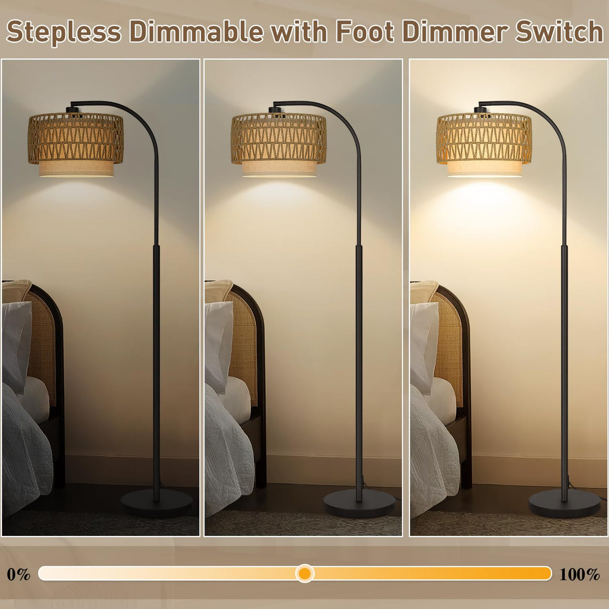 Boncoo rattan floor lamp dimming control for tailored brightness.