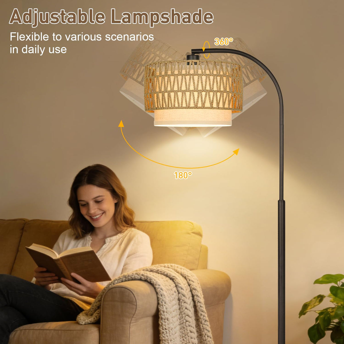 Boncoo rattan floor lamp rotatable head directs light precisely.