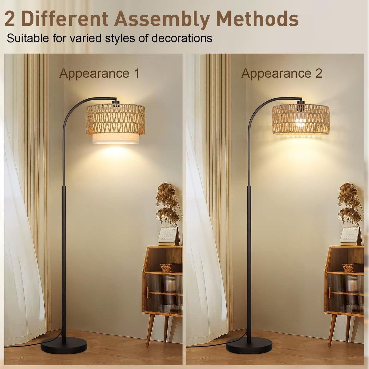 Boncoo rattan floor lamp wicker shade offers rustic charm for decor.