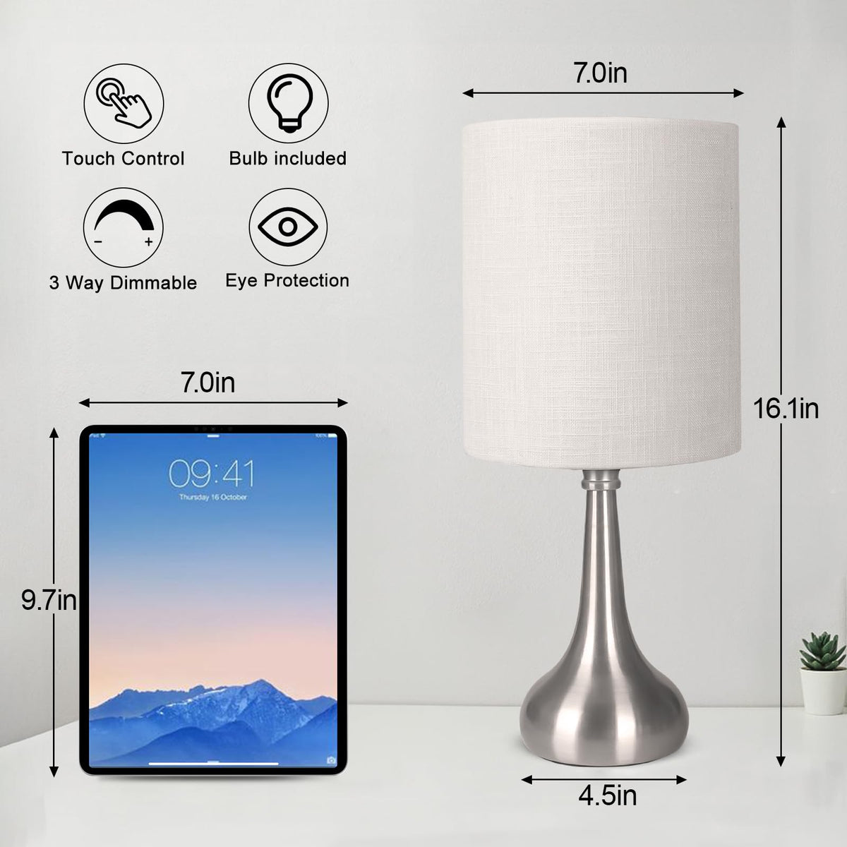 Boncoo touch-control table lamp shade white provides soft, eye-friendly glow