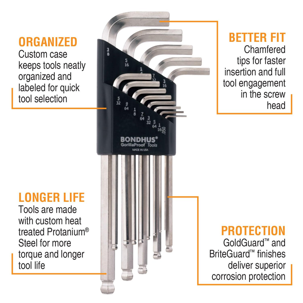 Bondhus 20399 inch ball-end wrench with clear finish for fast recognition.