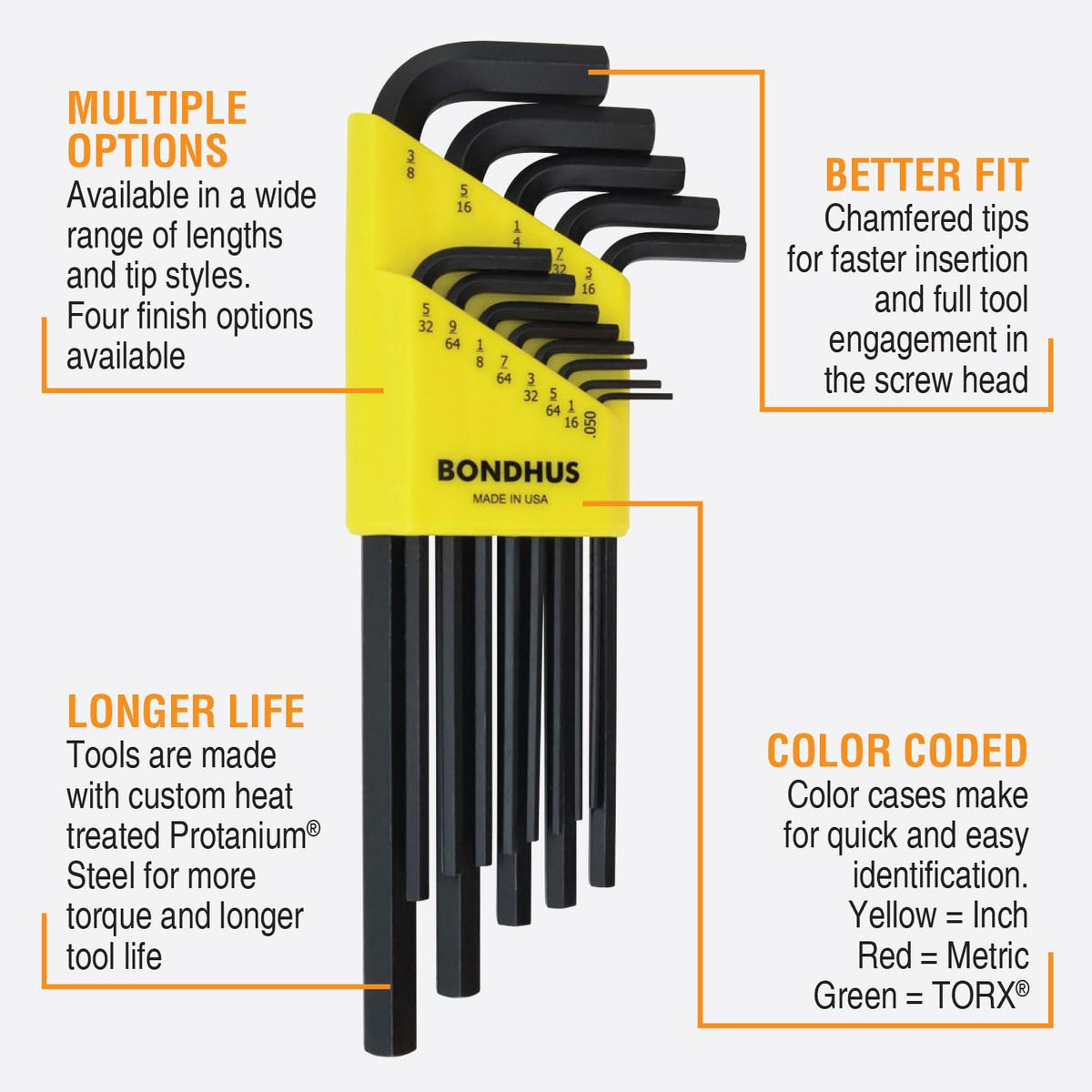 Bondhus 22199 Protanium steel wrenches close-up highlights durability.