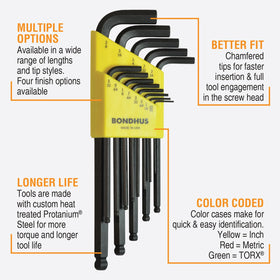 Bondhus Balldriver L-wrench 0.050–3/8 inch range for tight spaces.
