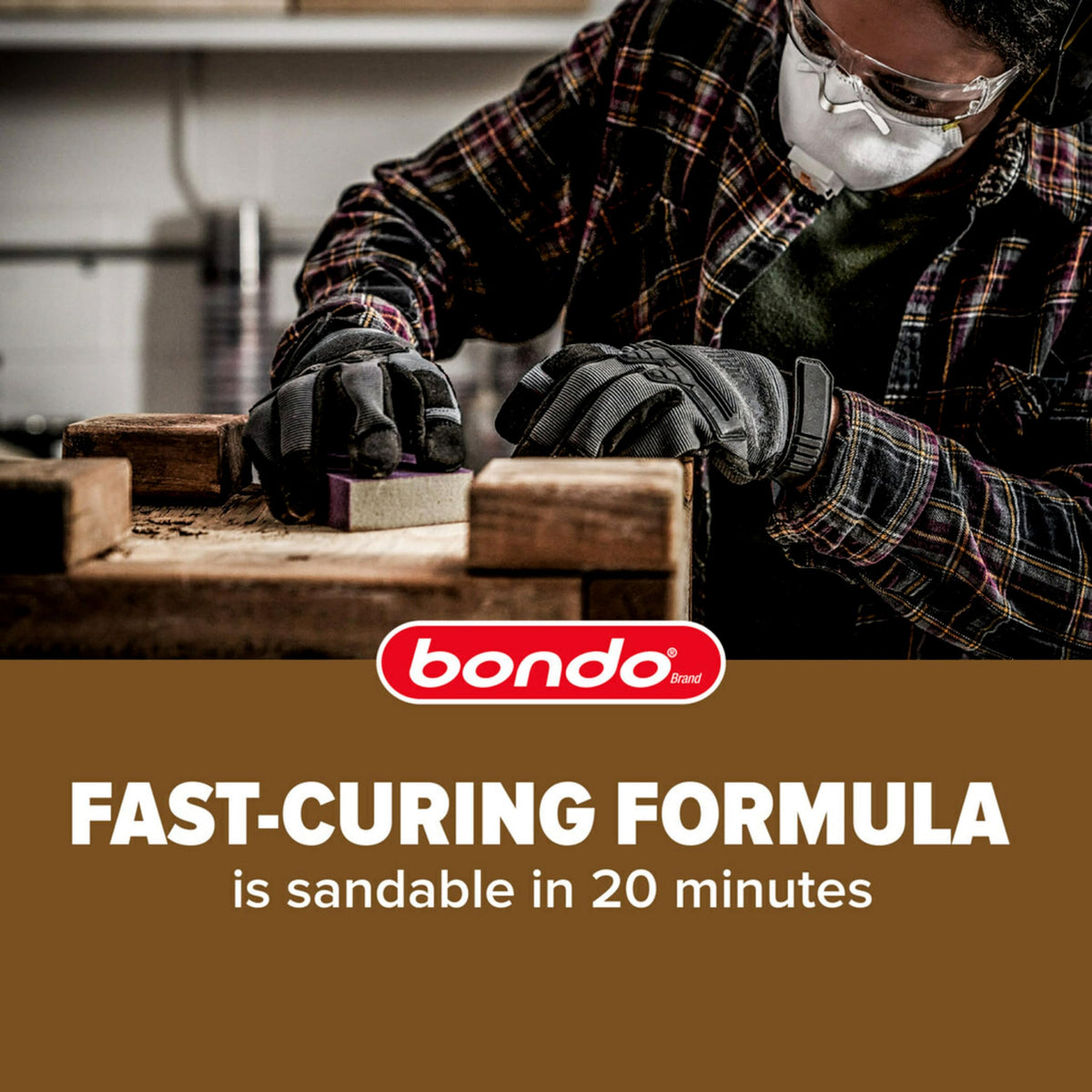 Complete Bondo Wood Filler setup on a workbench with tools