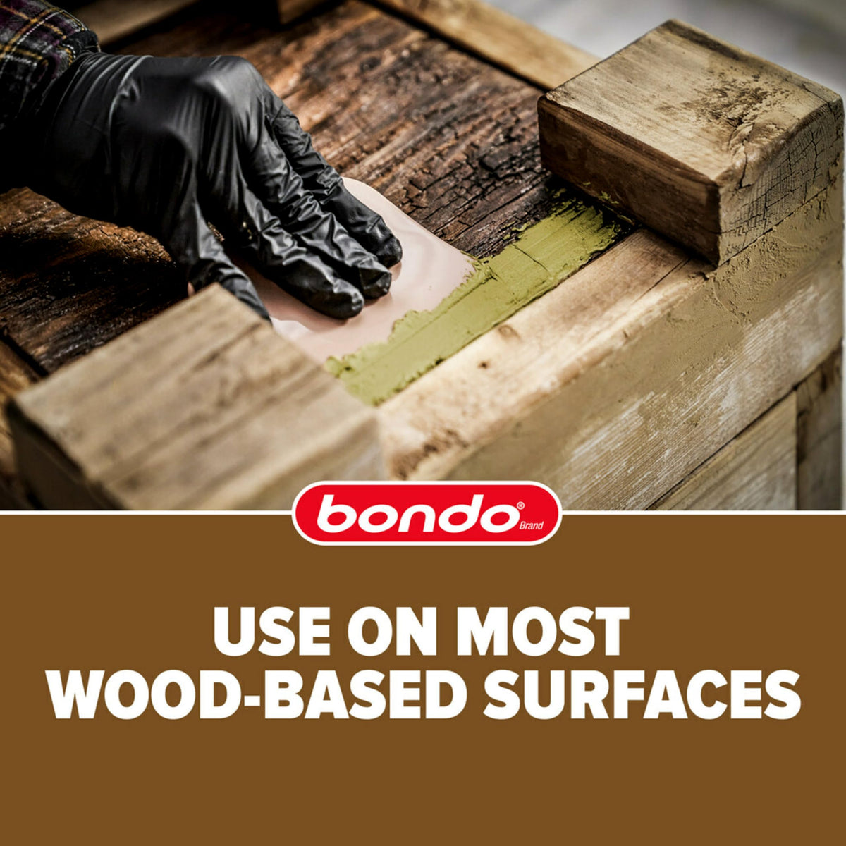 Interior and exterior wood surfaces repaired with Bondo Wood Filler