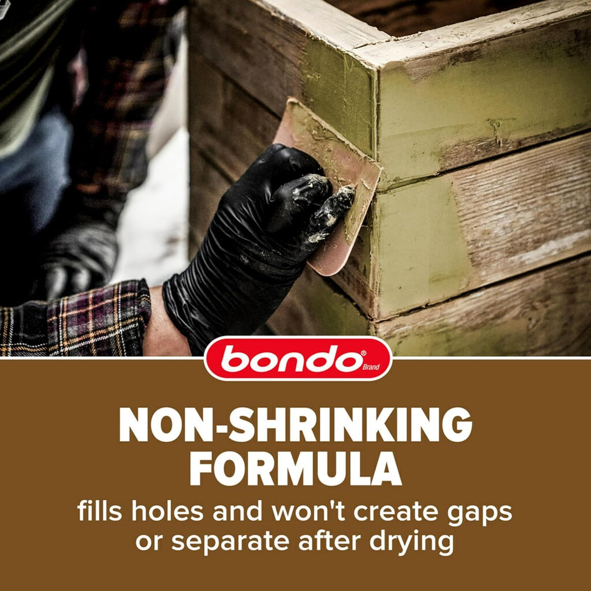 Bondo wood filler paintable-stainable finish blends seamlessly with surrounding wood.