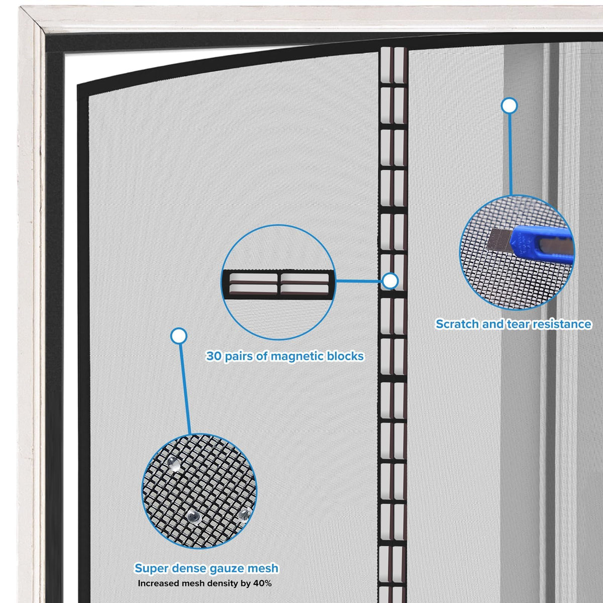 BONLACES screen door in family home sustains kids' play while doors stay bug-free.