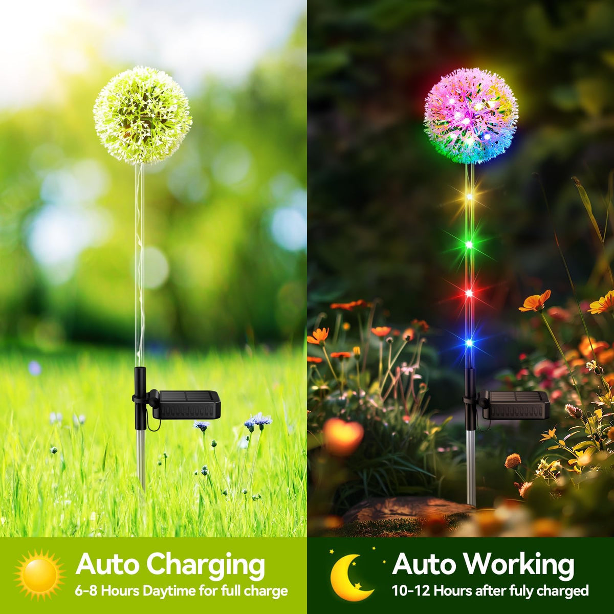 BONLION dandelion flower stakes host color LEDs for festive yard lighting.