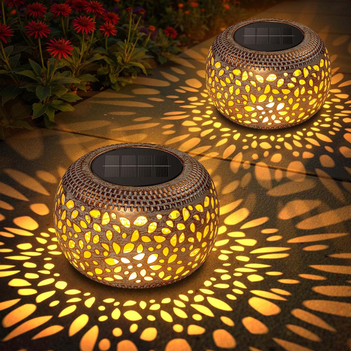 BONLION solar lantern with petal pattern casts floral projections for enchanting evenings.