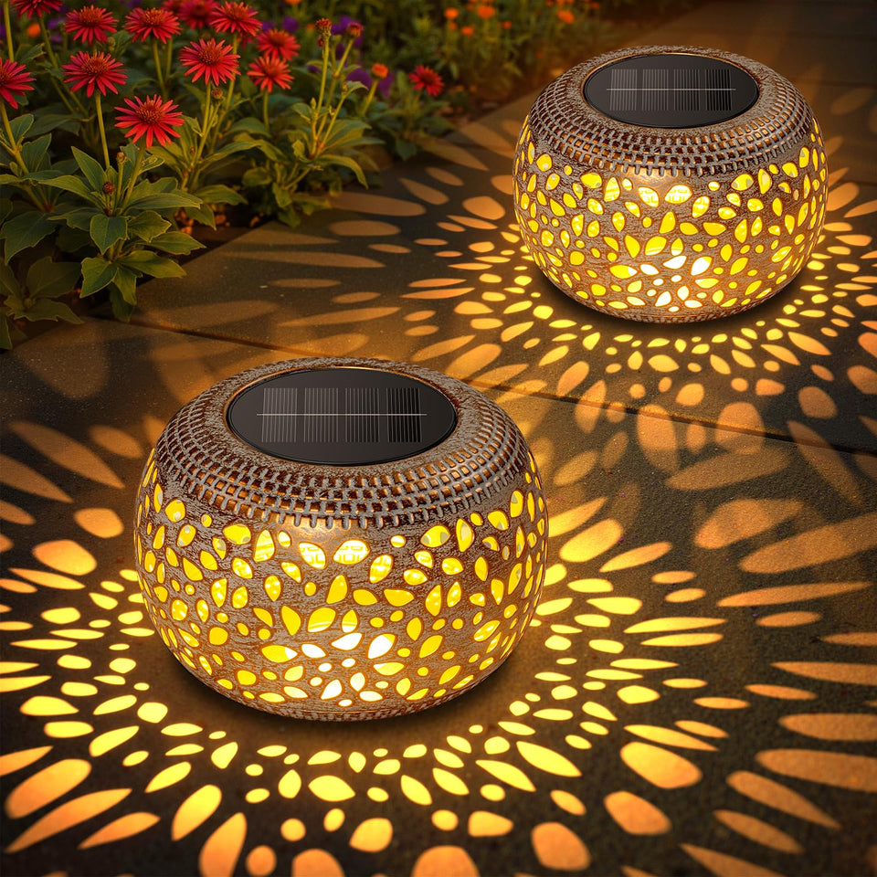 BONLION solar table lantern outdoor with white hollow metal design creates warm ambiance.
