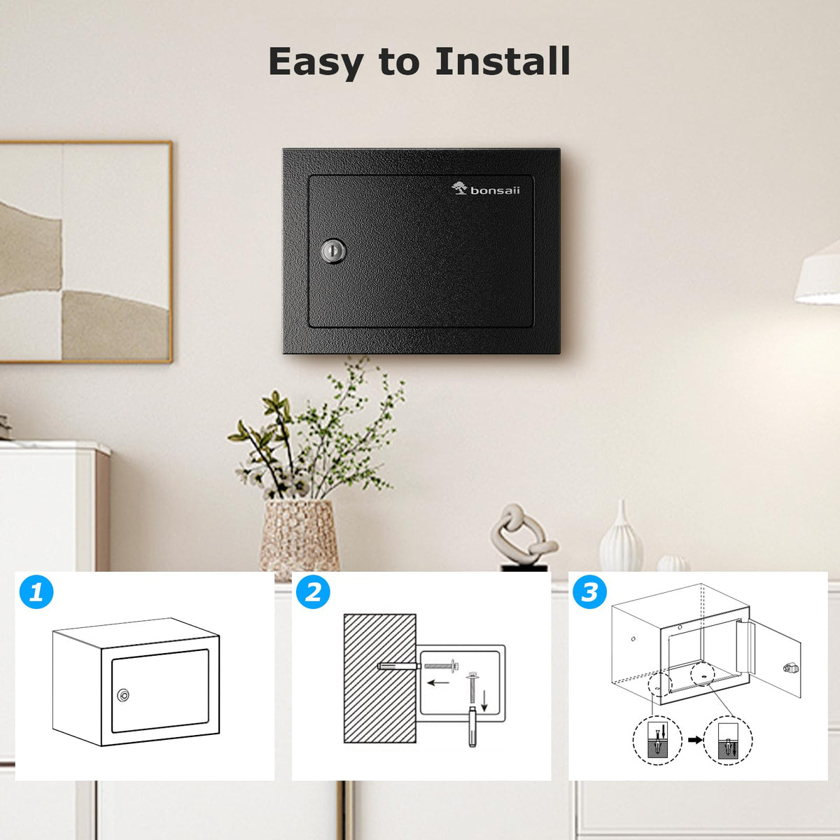 Bonsaii safe box compact dimensions indicate easy concealment in a closet.