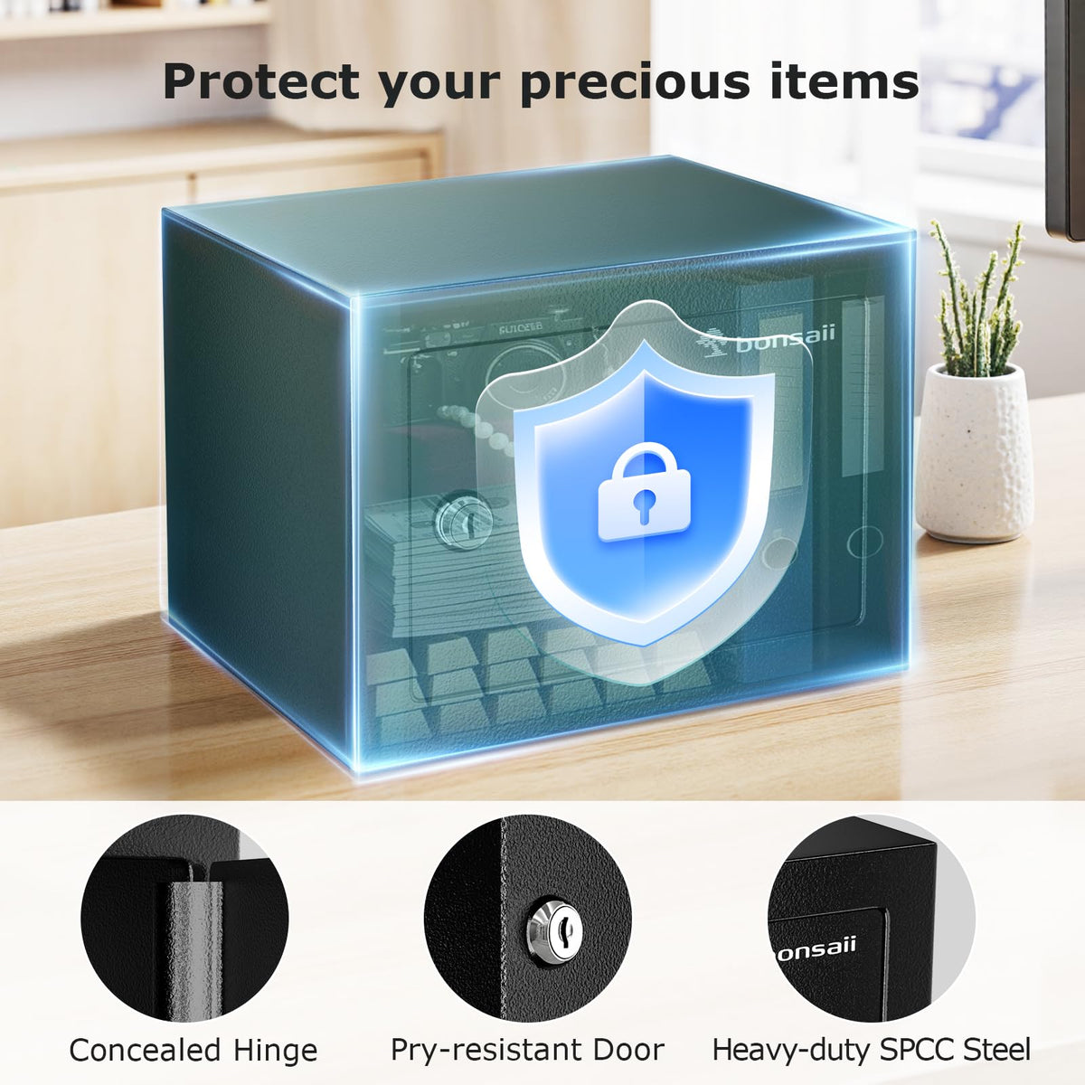 Bonsaii safe box side view demonstrates compact design ideal for hidden placement.