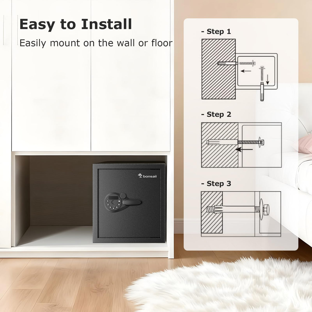 Bonsaii safe box back-panel mounting for secure installation