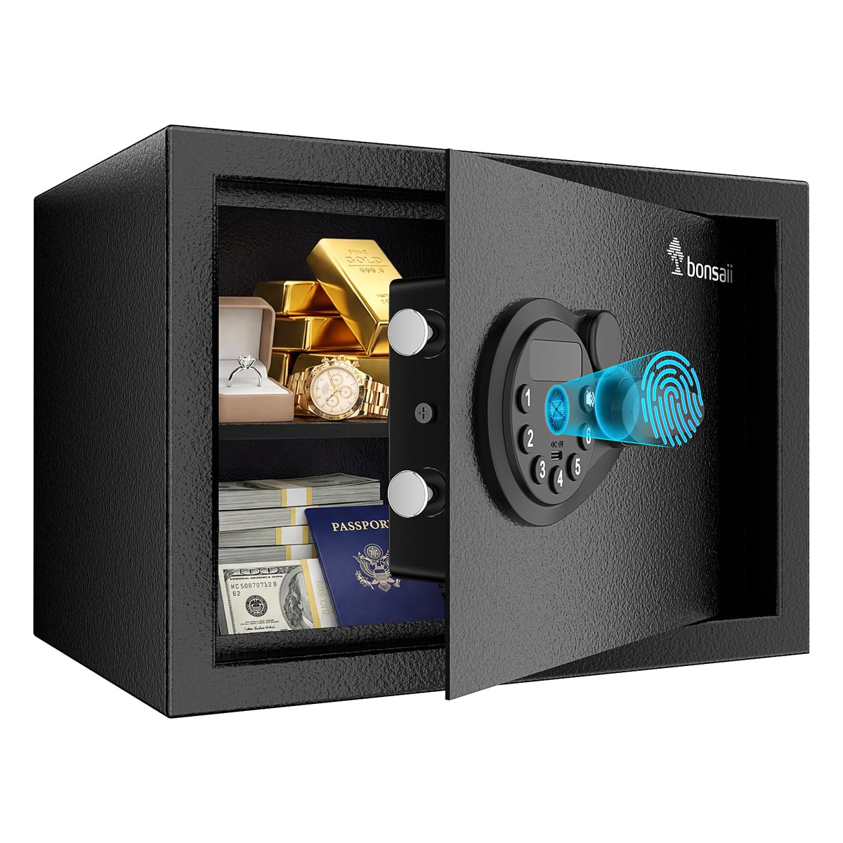 Bonsaii SF002 front view of biometric safe with secure locking bolts