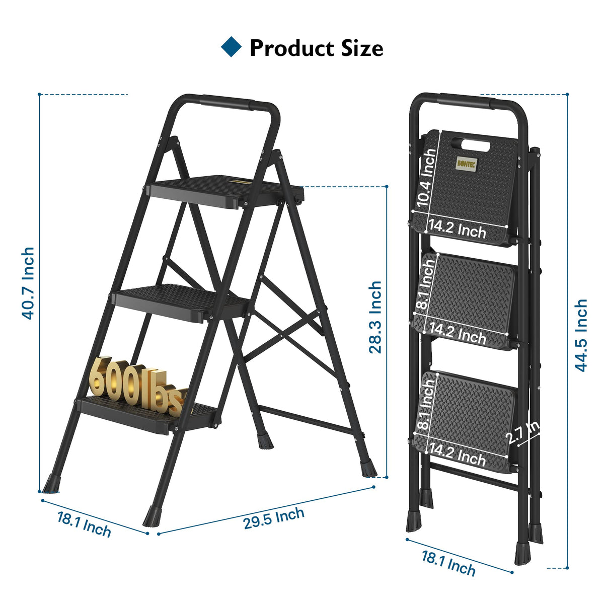 BONTEC 3-Step Ladder offers 600 lbs capacity for heavy tasks.