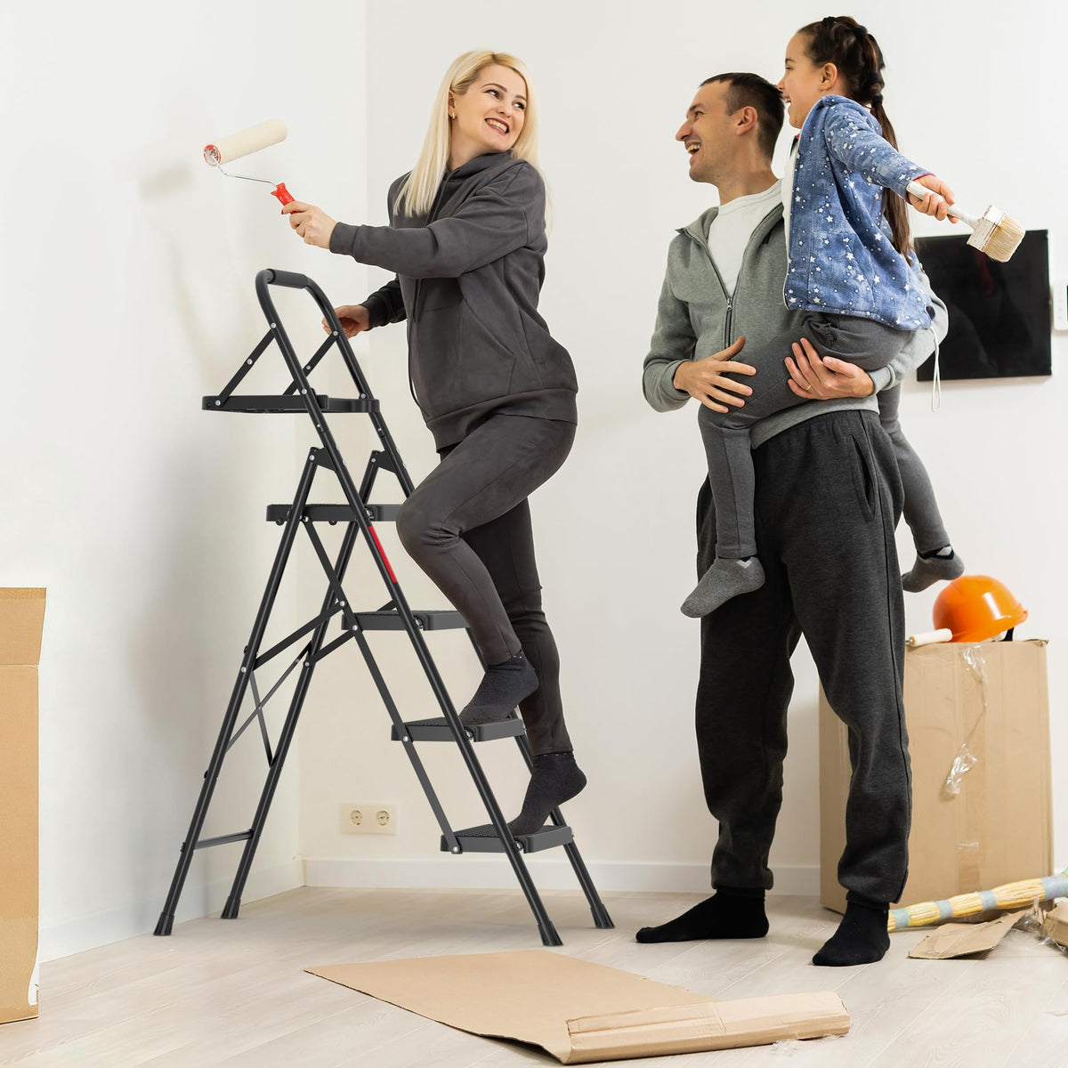 BONTEC 4-Step Ladder folded compact for easy storage in small spaces